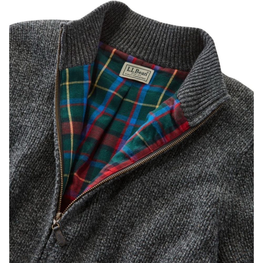 L.L.Bean Lambswool Full Zip Sweater Jacket Gray Plaid Lined XXL - Picture 10 of 12